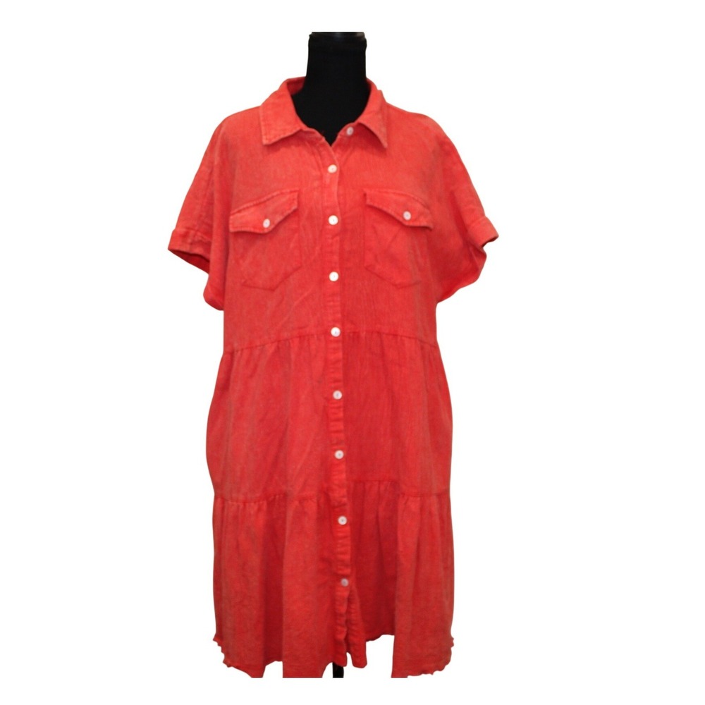 Shirt‎ Dress Women Large Coral Red Tiered Raw Hem Mineral Wash Boho